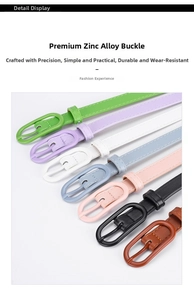 Zinc alloy oval buckle details on thin macaron colored belts for women in seven shades