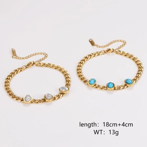 Stainless steel Cuban chain bracelets with white marble and turquoise stones in gold finish