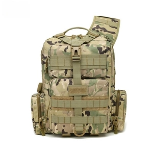 Macro shot of waterproof CP camouflage tactical chest bag with MOLLE webbing and Velcro panels