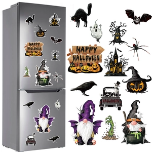 Detailed view of Halloween gnome and skeleton magnetic stickers for fridge or garage
