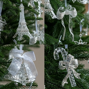 Clear acrylic Christmas tree ornaments with silver glitter, Eiffel Tower and bell set
