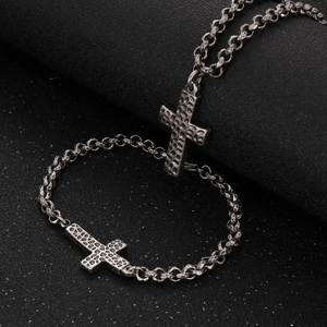 Vintage Hammered Cross Necklace And Bracelet Stainless Steel Distressed Jewelry For Men Women Punk Style
