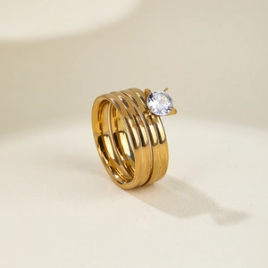 Titanium Steel Rings Gold Plated Multilayer Stackable Geometric Jewelry With Round Zirconia For Men Women
