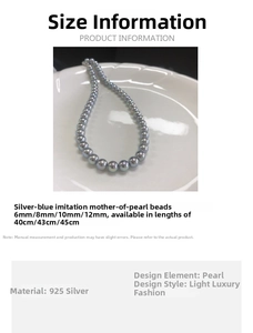 Detailed size chart for silver-blue Akoya style pearl necklace with 925 silver clasp