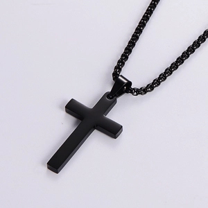 Hip hop style black stainless steel cross pendant necklace with a sleek ball chain link