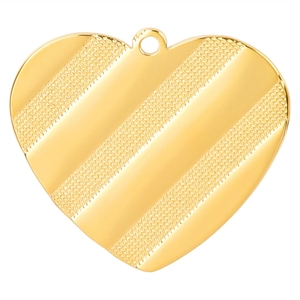 Macro shot of 18k gold plated heart pendant with textured stripes and polished finish