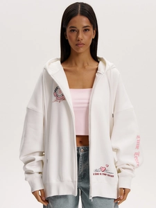Felpa con cappuccio oversize Y2K bianca con zip e grafiche di cuori rosa