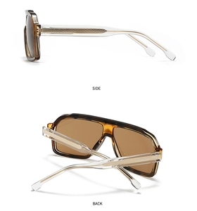 Side and back view of retro square sunglasses with amber frames and gold pattern temples