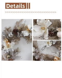 Detail of Christmas wreath with white magnolias, pine cones, and gold ornaments