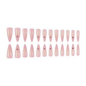 Pink press on nails with heart negative space and rhinestones in long almond shape