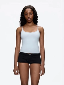Slim fit U-neck crop tank top in light blue shown on a model against a white background