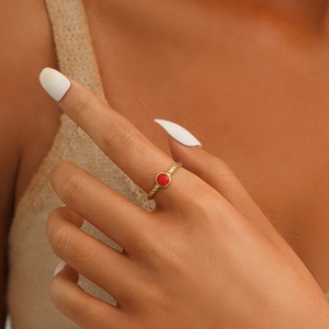 Minimalist gold plated titanium steel ring with red enamel and twisted rope texture