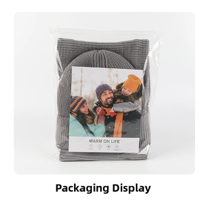 Detailed view of grey winter knit hat and scarf set in transparent zipper bag packaging
