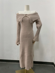 Detail of off-shoulder lapel knit dress featuring elegant ribbed texture in light brown