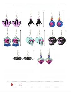 Size chart for acrylic Halloween earrings featuring skull, bat and heart bottle designs