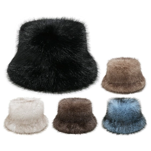 Faux Fur Bucket Hat Winter Warm Gradient Color Plush Windproof Outdoor Fashion Headwear For Women Soft Polyester