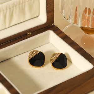 Elegant square gold stainless steel earrings with black enamel and sparkling crystals