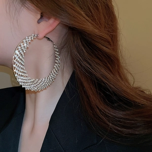Dettaglio di grandi orecchini a cerchio in argento con strass scintillanti su una modella