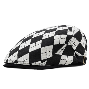 Classic black and white argyle flat cap with adjustable side buckle and vintage style