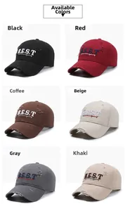 Detailed view of distressed baseball caps in six colors with BEST accompany embroidery