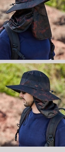 Detail of red camouflage fishing hat with breathable mesh and neck protection flap