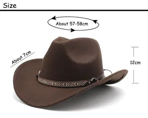 Size chart showing 57-58cm circumference and 7cm brim for brown wool felt cowboy hat