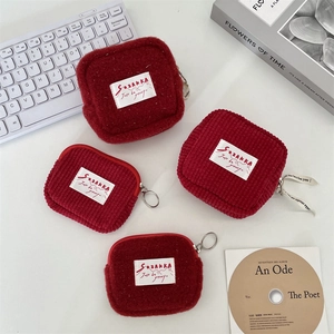 Cute Red Mini Coin Purse Corduroy Plush Portable Storage Bag Zipper Card Holder For Women Girls Christmas Style