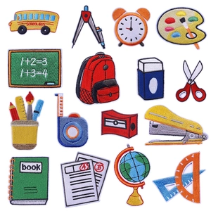 Set of 16 school-themed embroidered patches including school bus and stationery items