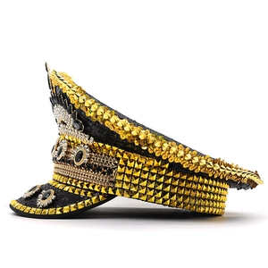 Bohemian captain hat with gold studs and sequins for festival parties and stage performances