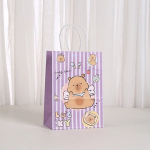 Cartoon Capybara kraft paper gift bag with purple stripes and Lucky Life prints