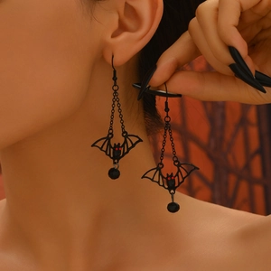 Gothic Black Bat Dangle Earrings Alloy With Black Bead Red Eyes Retro Punk Halloween Party For Women