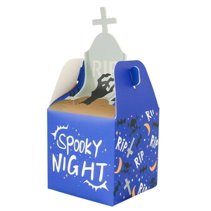 Blue Halloween party favor box featuring spooky night pumpkin and bat illustrations