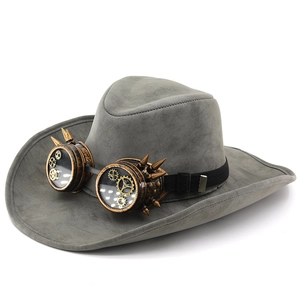 Grey suede steampunk cowboy hat featuring vintage goggles and mechanical gear details