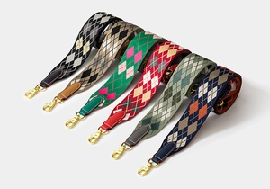 Colorful diamond lattice embroidered bag straps with gold metal swivel hooks and leather ends
