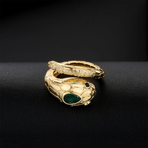 Snake Open Ring Copper 18K Gold Plated Green Pear Gemstone White Cubic Zirconia Adjustable Punk Jewelry For Women