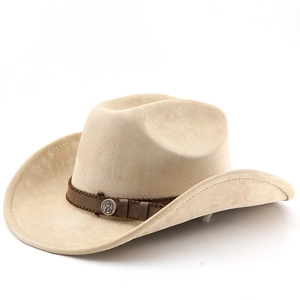 Detail of beige suede cowboy hat crown with braided leather band and metal anchor buckle