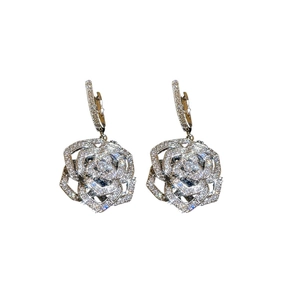 Sparkling silver zircon flower drop earrings with a heavy industry floral luxury design
