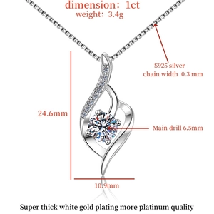 Detail view of S925 sterling silver heart necklace with 1ct moissanite pendant dimensions