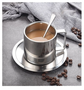 Detailed view of double-walled stainless steel coffee cup set with spoon and saucer