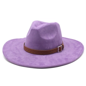 Detail of light purple suede jazz hat featuring brown braided band and silver metal buckle