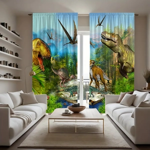 Detailed Jurassic forest landscape with realistic dinosaurs on polyester curtains