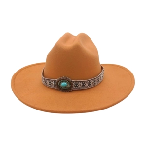 Caramel wool western cowboy hat with ethnic turquoise band and bohemian flat brim