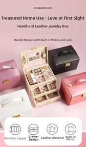 Detailed view of 3-layer PU leather jewelry box with mirror and metal lock