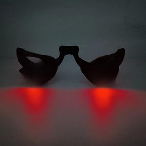 Macro view of glowing LED Halloween glasses with red translucent glowing spheres