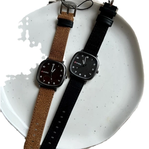 Minimalist square quartz watch with black dial and brown suede or black leather straps