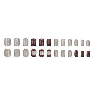 Glossy square false nails set with brown and gray contrast colors and smiley face pattern