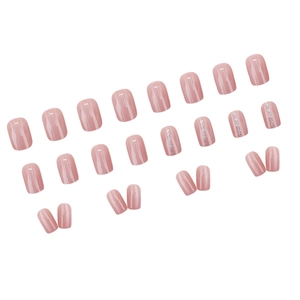 Nude cat-eye press-on nails set with elegant silver glitter vertical line accents