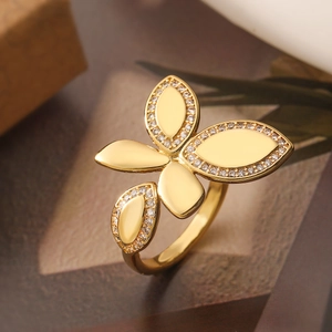 Exquisite 18K gold plated butterfly open ring with sparkling zircon stones in a luxury style
