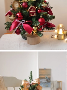 Detailed close-up of a mini Christmas tree featuring red baubles and golden house ornaments