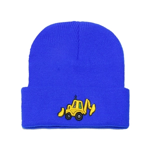 Berretto in maglia blu reale per bambini con ricamo di un escavatore giallo